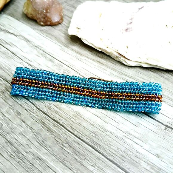Boho Chic Beaded Herringbone Bracelet, Seed Bead Jewelry, 7.25" - Picture 7 of 8